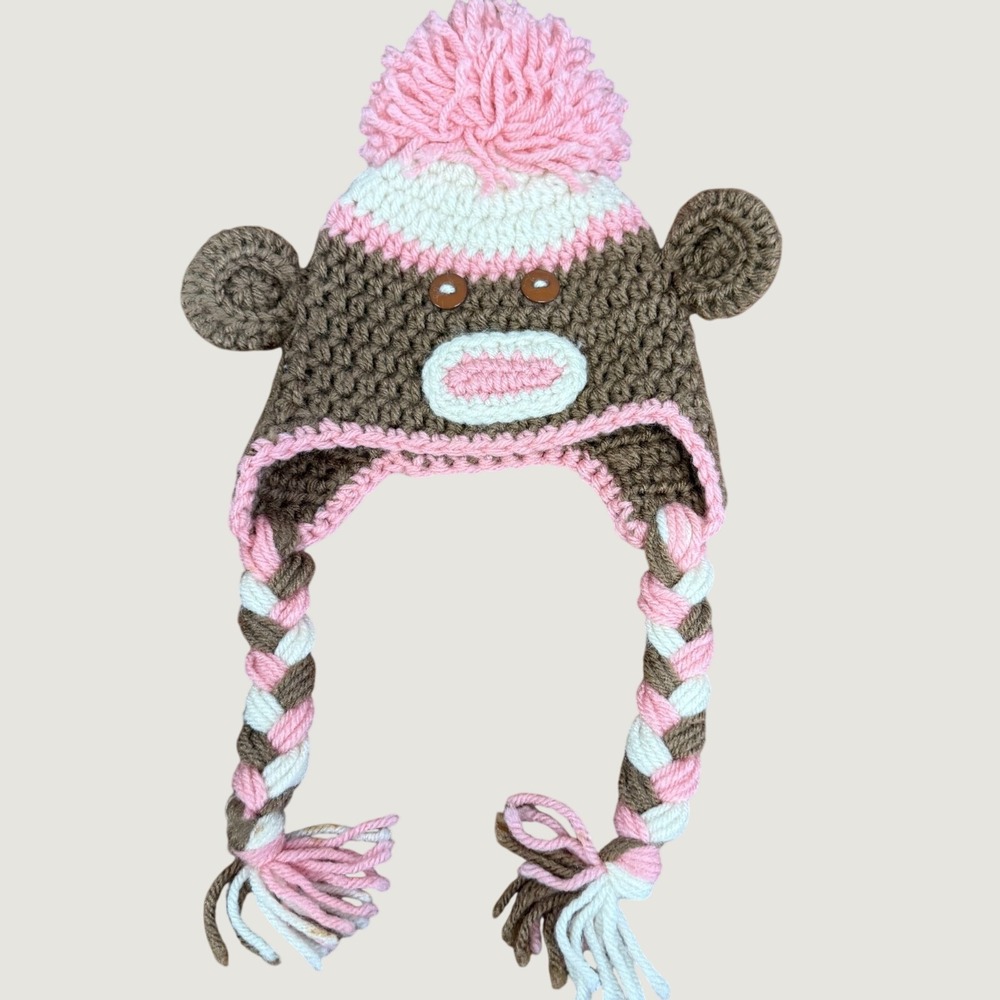 Chelsea T's Crochets Kids Sock Monkey Beanie Pink Brown Crochet Earflap Hat Pom